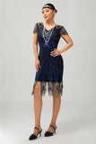 paillettes nero blu 1920s aderente Gatsby vestito con maniche corte