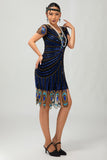 paillettes nero blu 1920s aderente Gatsby vestito con maniche corte