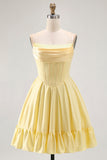 Giallo senza spalline A-Line Corsetto Abito Da Cocktail con perline