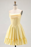 Giallo senza spalline A-Line Corsetto Abito Da Cocktail con perline