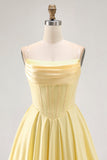 Giallo senza spalline A-Line Corsetto Abito Da Cocktail con perline