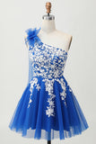 Royal Blue A-Line una spalla tulle Abiti Da Cocktail con lacci sul retro