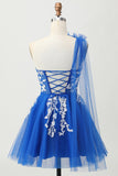 Royal Blue A-Line una spalla tulle Abiti Da Cocktail con lacci sul retro