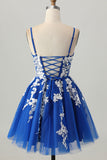 Royal Blue A-Line Spaghetti Straps Tulle Abiti Da Cocktail con lacci sul retro