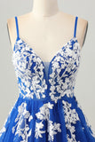 Royal Blue A-Line Spaghetti Straps Tulle Abiti Da Cocktail con lacci sul retro