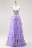 viola A-Line paillettes Tulle corsetto Tiered lungo Prom Dress con lacci sul retro