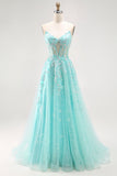 Sparkly Green A-Line senza spalline paillettes corsetto lungo Prom Dress con fessura