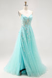 Sparkly Green A-Line senza spalline paillettes corsetto lungo Prom Dress con fessura