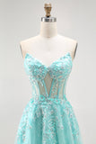 Sparkly Green A-Line senza spalline paillettes corsetto lungo Prom Dress con fessura
