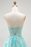 Sparkly Green A-Line senza spalline paillettes corsetto lungo Prom Dress con fessura