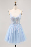 Sparkly blu A-line tulle paillettes Abito da Cocktail con lacci sul retro