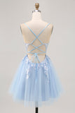 Sparkly blu A-line tulle paillettes Abito da Cocktail con lacci sul retro