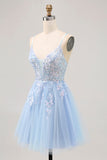 Sparkly blu A-line tulle paillettes Abito da Cocktail con lacci sul retro