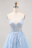 Sparkly blu A-line tulle paillettes Abito da Cocktail con lacci sul retro