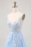 Sparkly blu A-line tulle paillettes Abito da Cocktail con lacci sul retro