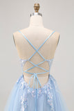 Sparkly blu A-line tulle paillettes Abito da Cocktail con lacci sul retro