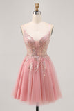 Sparkly Blush A-line tulle paillettes Abito da cerimonia corto con lacci sul retro
