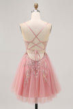 Sparkly Blush A-line tulle paillettes Abito da cerimonia corto con lacci sul retro