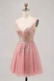 Sparkly Blush A-line tulle paillettes Abito da cerimonia corto con lacci sul retro