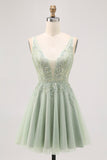Verde A-line Tulle Backless Beaded Abito corto da Cocktail con paillettes