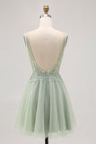 Verde A-line Tulle Backless Beaded Abito corto da Cocktail con paillettes