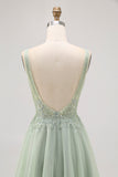 Verde A-line Tulle Backless Beaded Abito corto da Cocktail con paillettes