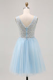 Abito corto da cerimonia in tulle blu scintillante con paillettes
