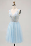 Abito corto da cerimonia in tulle blu scintillante con paillettes