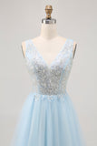 Abito corto da cerimonia in tulle blu scintillante con paillettes
