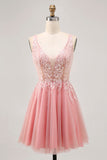 A-line Tulle Blush paillettes Backless Abito da cerimonia corto con perline