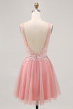 A-line Tulle Blush paillettes Backless Abito da cerimonia corto con perline