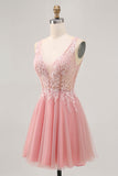 A-line Tulle Blush paillettes Backless Abito da cerimonia corto con perline