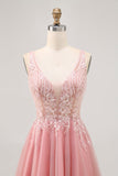 A-line Tulle Blush paillettes Backless Abito da cerimonia corto con perline