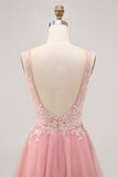 A-line Tulle Blush paillettes Backless Abito da cerimonia corto con perline