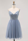 Grigio Blu A-line Tulle corto Abito da Cocktail con perline