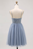 Grigio Blu A-line Tulle corto Abito da Cocktail con perline