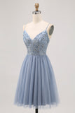 Grigio Blu A-line Tulle corto Abito da Cocktail con perline