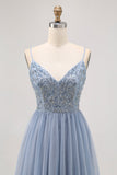 Grigio Blu A-line Tulle corto Abito da Cocktail con perline