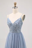 Grigio Blu A-line Tulle corto Abito da Cocktail con perline