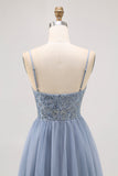 Grigio Blu A-line Tulle corto Abito da Cocktail con perline