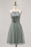 Grigio Verde A-line Tulle Paillettes Abito corto Abito da Cocktail con paillettes