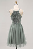 Grigio Verde A-line Tulle Paillettes Abito corto Abito da Cocktail con paillettes