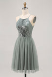 Grigio Verde A-line Tulle Paillettes Abito corto Abito da Cocktail con paillettes