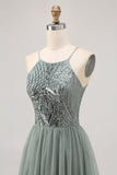 Grigio Verde A-line Tulle Paillettes Abito corto Abito da Cocktail con paillettes