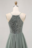 Grigio Verde A-line Tulle Paillettes Abito corto Abito da Cocktail con paillettes