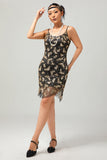 Nero dorato Spaghetti Straps paillettes 1920s vestito con accessori Set