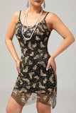 Nero dorato Spaghetti Straps paillettes 1920s vestito con accessori Set