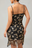 Nero dorato Spaghetti Straps paillettes 1920s vestito con accessori Set