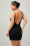 Scintillante nero paillettes scollo a V Bodycon 1920s Dress