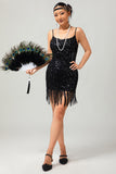 Scintillante nero paillettes Gatsby abito corto anni 1920 con frange